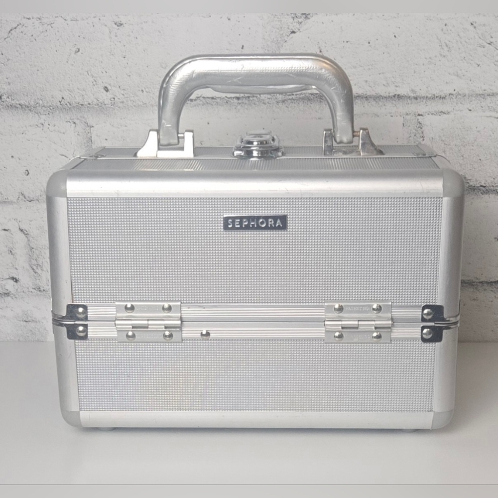 Sephora Silver Makeup Train Case Organizer Hard Shell Storage